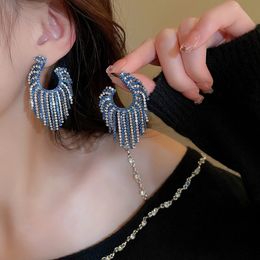 Dangle & Chandelier New Trendy Blue Red Rhinestone Tassel Earrings For Women Statement Jewellery Shine Crystal Large Size Long Earring Party