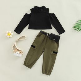 Clothing Sets 1 5Y Kids Girls Autumn Clothes with Belt Bag Baby Off Shoulder Long Sleeve Ribbed Tops Pocket Cargo Pant Children Outfits 221118