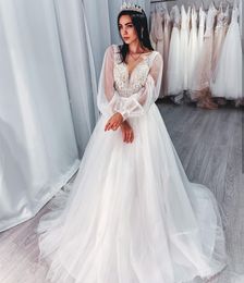 Wedding Dress Long Sleeve Lace Appliques A-Line With White Sweep Train Floor Length Women Bridal Gowns Elegant For Women