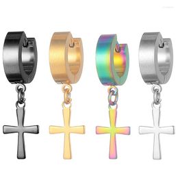 Hoop Earrings 1PC Punk Stainless Steel Small Cross For Women Hip Hop Titanium Geometric Pendant Circle Ear Stud Jewelry