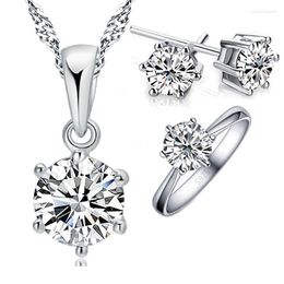 Necklace Earrings Set 925 Sterling Silver Bridal For Women Accessory Cubic Zircon Crystal Rings Stud Gift