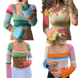 Women's T-Shirt Crochet Hollow Out Patchwork T-shirts Y2K Aesthetic Vintage Skinny Knitted Crop Top 90s 00s Retro Backless Tie-up Tees Sweater 221117