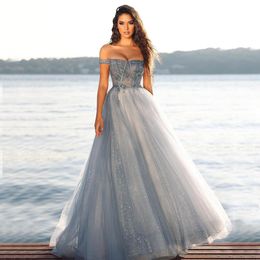 Charming Beaded Prom Dresses Appliqued Sequined Evening Gowns A Line Off The Shoulder Neck Floor Length Tulle Special Occasion Formal Wear