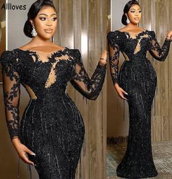 Plus Size Aso Ebi Black Mermaid Prom Dresses With Long Sleeves Luxury Sequined Lace Tassels Vintage Long Evening Party Gowns Women Formal Occasion Dress Robes CL1466