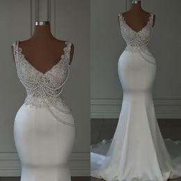 Gorgeous 2023 Mermaid Wedding Dresses Bridal Gown Lace Applique Straps Sexy Pearls Beaded Custom Made Beach Country Plus Size Vestido De Novia