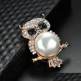 Pins Brooches Crystal Blue Eye Owl Brooch Pins Gold Animal Brooches Breastpin Women Men Fashion Jewellery Drop Delivery Dh1Ag