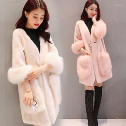 Women's Fur Faux Coat Women Clothing 2022 Fashion Winter Korea Female Warm V-Neck Lamb Wool Mink Outerwear Ladies Long Plush Jacket