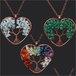 Pendant Necklaces Chakra Heart Pendant Necklace Wire Natural Stone Beads Tree Of Life Necklaces For Women Children Fashion Jewelry D Dhtw4