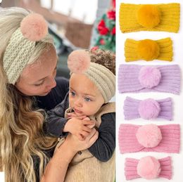 2Pcs Parent-Child Headbands Turban Hairbands Big Faux Fur Ball Wide Hairband Pom Ball Wool Knitting Handmade Hair Accessories