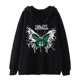 Women's Jackets Gothic Butterfly Print Zipper Sweater Retro Y2K Hot Girl Fashion Hoodie Street Tide Plus Size Coat T221105
