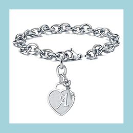 Charm Bracelets 26 Stainless Steel English Initial Heart Charm Bracelet Fashion Key Letter Women Bracelets Jewellery Gift Drop Delivery Dhfai