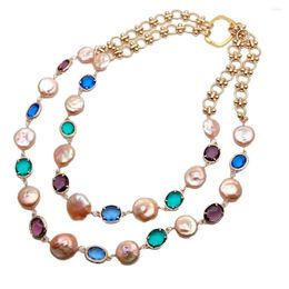 Choker Cultured Pink Coin Pearl Multi Colour Crystal Necklace Strand Handmade Bohemia Jewellery