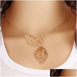 Pendant Necklaces Two Leaves Pendant Necklace Sier Gold Hollow Leaf Clavicle Choker Chain Statement Fashion Simple European Charm Je Dhxsp