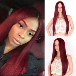 Women's Wigs Wine Red Mid gth Straight Hair Natural Cos Chemical Fiber Rose Net Headgear