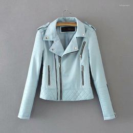 Women's Leather 2022 Spring Autumn Slim Short Jacket Ladies Turn Down Collar Zipper Plaid Pu Coats Women Blue Pink Biker Moto Coat