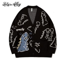 Men's Sweaters Harajuku Dinosaur Pattern Black Cardigan Men Vintage Oversized Cartoon Kawaii Coats Autumn Winter Loose Knitted 221117