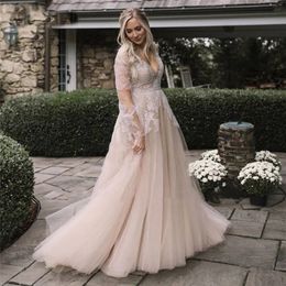 Verngo Vintage Dusty Colour Wedding Dress Long Sleeves Lace Applique Tulle Bridal Gowns Beach Boho Wedding Gown Plus Size