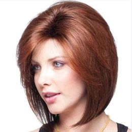 Women's Wigs Short Straight Hair Brownish Red Partial Bangs Simulated Scalp Rose Net High Temperature Silk
