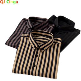Men's Casual Shirts Black Striped Long Sleeve Shirt Single Breasted with Square Collar Yellow Brown Camisas Para Hombre M-5XL 221117