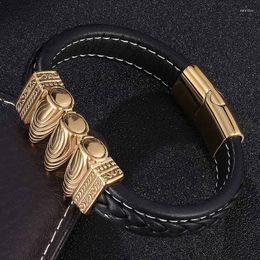 Charm Bracelets Punk Men Jewelry Shape Gold Stainless Steel Magnet Clasp Black Leather Bracelet Wristband Male Gifts FR0912