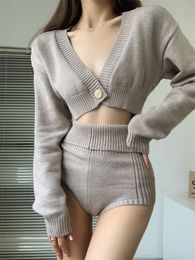 Womens Two Piece Pants Chic Pieces Knitting Set Single Button V Neck Crop Cardigan Jacket Slim High Waist Shorts Ladies Street Suits 221117