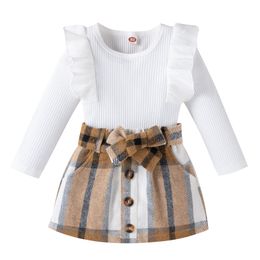 Rompers 14Years Toddler Kids Girls 2 Pieces Outfit Long Sleeve Knitted Ribbed Solid Colour Tops Bowknot Buttons Plaid Mini Skirt Set 221117