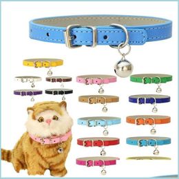 Cat Collars Leads 16 Pure Colors Cat Collar Pu Material Bell Neck Strap Safety Kitten Collars Chihuahua Necklace Accessories Drop Dhvqw