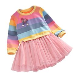 Girl s Dresses Baby Girls Princess Autumn Sweater Fleece Gauze Tutu Children Clothing Long Sleeve Rainbow Stripes For 221118