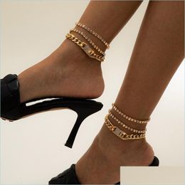 Anklets Crystal Iced Out Cuban Chain Anklet Bracelet Sier Gold Mtilayer Foot Tennis Bracelets For Women Summer Fashion Jewellery Drop D Dhgu6