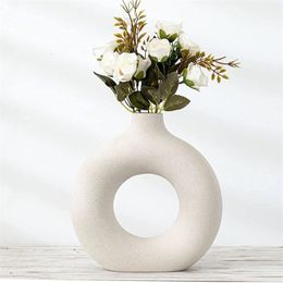 Vases Nordic Circular Hollow Ceramic Vase Donuts Flower Pot Home Decoration Accessories Office Desktop Living Room Art Ornaments Gift 221118