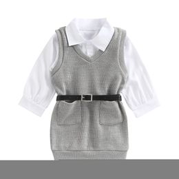 Clothing Sets Toddler Kids Baby Girls Autumn Outfit White Long Sleeve Button Shirt Gray Sleeveless Knitted Dress with Belt 2 7T 221118
