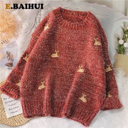 Womens Sweaters EBAIHUI Gold Ulzzang Vintage College Deer Embroidery Sweater Female Thick Cute Loose Harajuku Clothing 221118