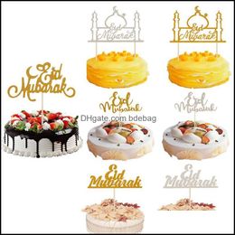 Other Event Party Supplies Festives Decoration Paper Ramadan Moon Muslim Glitter Mubarak 1Pcs Eid Cake Topper Cupcake Flags Islami Dhskm