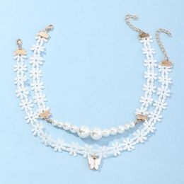 Choker Korea Pure White Fairy Girl Lace Daisies Necklace Temperament Butterfly Pendant Pearl For Women Fashion Jewellery Set