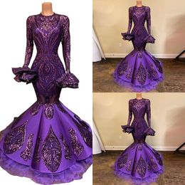 2023 Regency Purple Sequins Evening Dresses Wear Mermaid Jewel Neck Long Sleeves Illusion Lace Appliques Sequined Beads Floor Length Formal Prom Dress Party Gowns