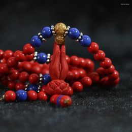 Charm Bracelets Synthetic Red Cinnabar 6mm Buddha Hand Pendant Blue Gold-color Spacer Beads Beauty Women Girl Lucky Bracelet 28inch B805