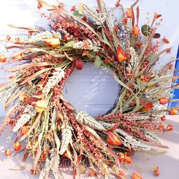 Decorative Flowers Wreaths 24 Inch Fall Front Door Grain Harvest Gold Wheat Ears Circle Garland Autumn for 221118