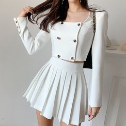 Two Piece Dress Korean Chic Spring Fashion Pretty Style Women Two-Piece Set High Quality Short Crop Top Pleated Mini Skirt Office Sweet Suit 221117