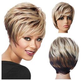 Women's Wigs Female Straight ffy Golden Mixed Color Gradient Oblique Bangs Short Curly Hair