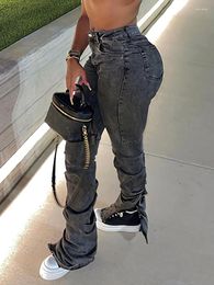 Women's Jeans Sifreyr Grey Split Ruched Stacked Pants Women Clothing Streetwear Zip Up High Waist Pencil Baddie Style Y2K Denim Trousers