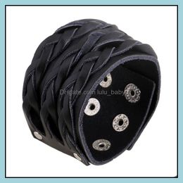 Bangle Weae Rows Braid Leather Bangle Cuff Mtilayer Wrap Button Adjustable Bracelet Wristand For Men Women Fashion Jewellery Black Dro Dhyt9