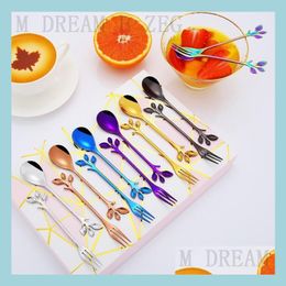 Spoons Leaf Branch Coffee Stirring Spoons Colorf Stainless Steel Tree Leaves Fruit Fork Moon Cake Forks Tableware Exquisite Gift Cut Dhomc