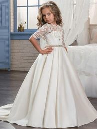 Girl Dresses White Lace Applique Flower For Wedding Cascading Party Long Sleeve Princess Formal Dress First Communion