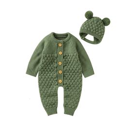 Rompers Txlixc Baby 2PCS Winter Jumpsuit Outfits Infant Boys Girls Clothes Long Sleeve Solid Colour Knitted Romper Bear Hat Set 221117