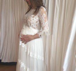 Wedding Dress Pregnant Women Chiffon V-Neck Bridal Gowns With Long Sleeve Floor Length Lace Appliques White Sheer Back