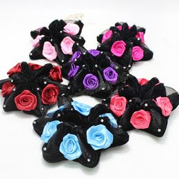 Childrren Dancing Hair Accessories Fashion Big Rose Flower Crystal Rhinestone Hairbands Elastic Hair Rope Ring for Women Girls