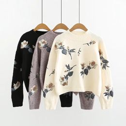 QNPQYX New Winter Flower Embroidery Sweaters Women Wool O-Neck Warm Knitted Pullovers Thick Long Sleeve Loose Jumper Female White Blue