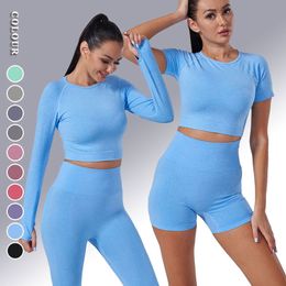 New Sports Yoga Outfits Seamless Yoga Set Women Sportswear Long Sleeve Crop Tops High Waist Leggings Running Trousers Sport Bra Fitness Wear Workout Sets