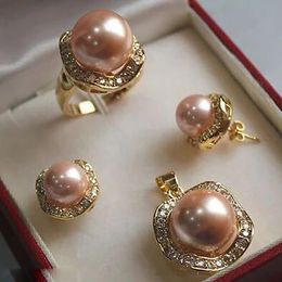 Light Pink South sea Shell Pearl Earrings Ring Necklace Pendant Set AAA