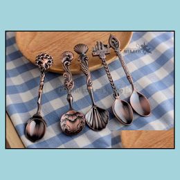 Spoons 5Pcs/Lot Vintage Royal Spoon 4 Colours Carved Small Coffee Mini Dessert Spoons For Snacks Kitchen Flatware Cutlery Drop Delive Dheh5